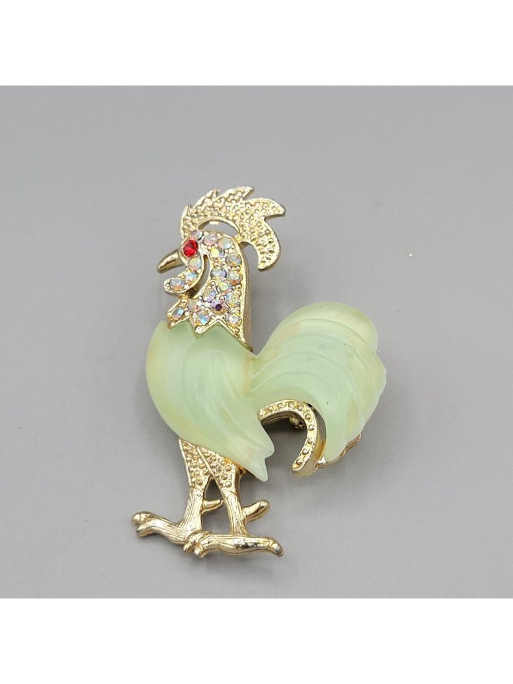Hattie Carnegie Rooster Brooch Pale Green Lucite Body AB Rhinestones Red Eye VTG